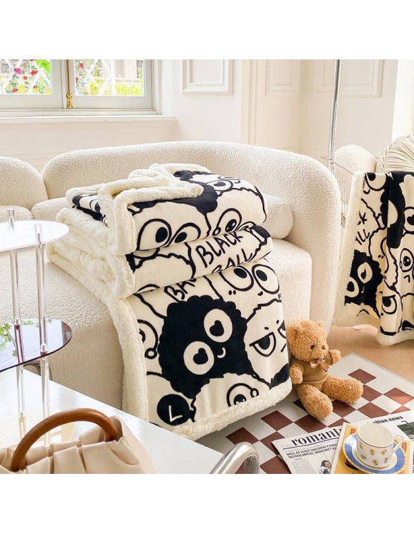 Winter lamb blanket quilt cover multi-function cashmere super thick lunch break artifact office blanket black and white coal ball thickening