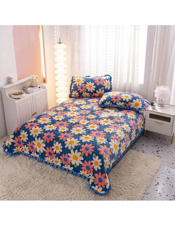 Factory direct sales thickened bed cover autumn and winter milk velvet cotton cover blanket three piece set crystal velvet single bed cover blanket wholesale