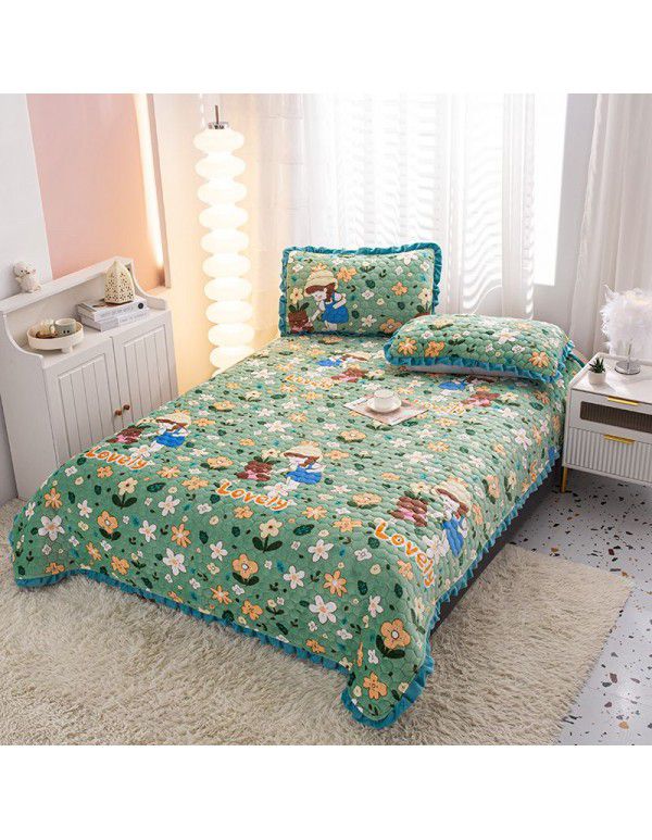 Factory direct sales thickened bed cover autumn and winter milk velvet cotton cover blanket three piece set crystal velvet single bed cover blanket wholesale