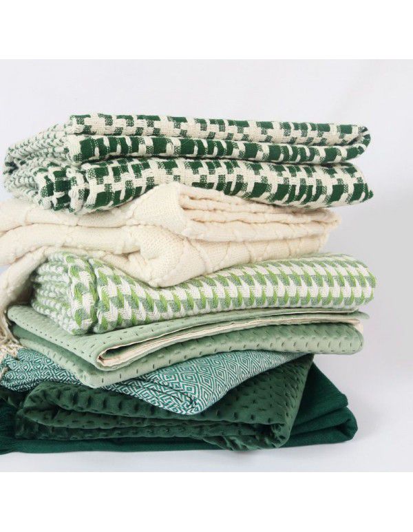 Luxury dark green sofa blanket bed towel bed blanket light green model room blanket thousand bird grid knitting bed blanket