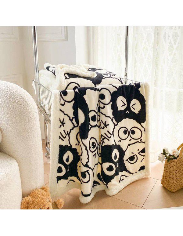 Winter lamb blanket quilt cover multi-function cashmere super thick lunch break artifact office blanket black and white coal ball thickening