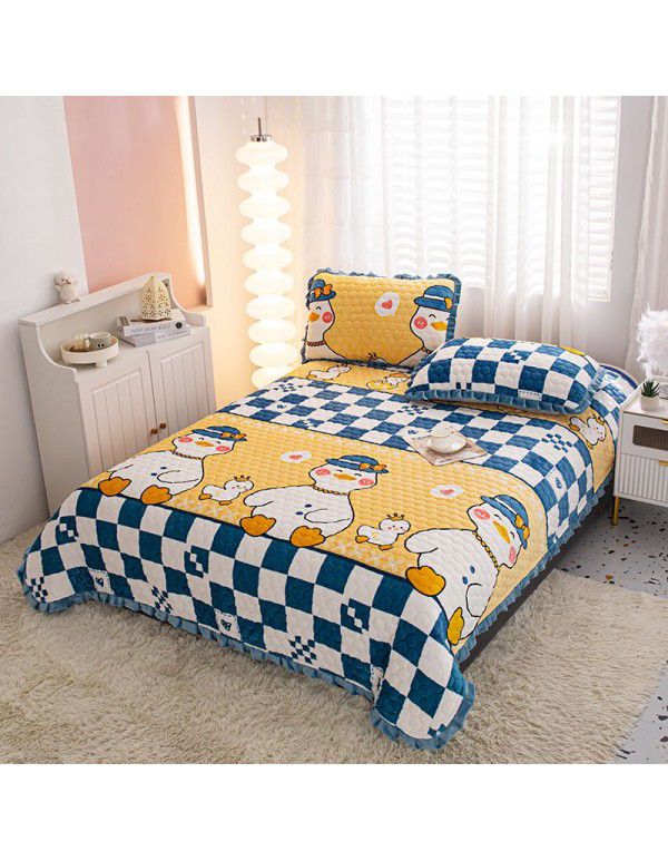 Factory direct sales thickened bed cover autumn and winter milk velvet cotton cover blanket three piece set crystal velvet single bed cover blanket wholesale